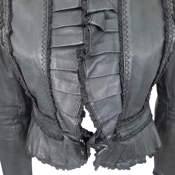 Vintage Y2K Black Leather Jacket Womens Small Ruffle Whimsygoth Romance Coquette - Picture 3 of 12